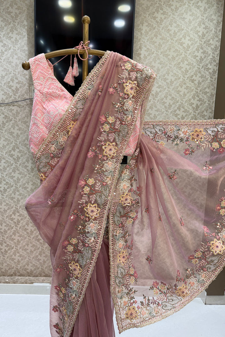 Dusty Pink Saree with Intricate Sequins, Thread, Zari and Beads work