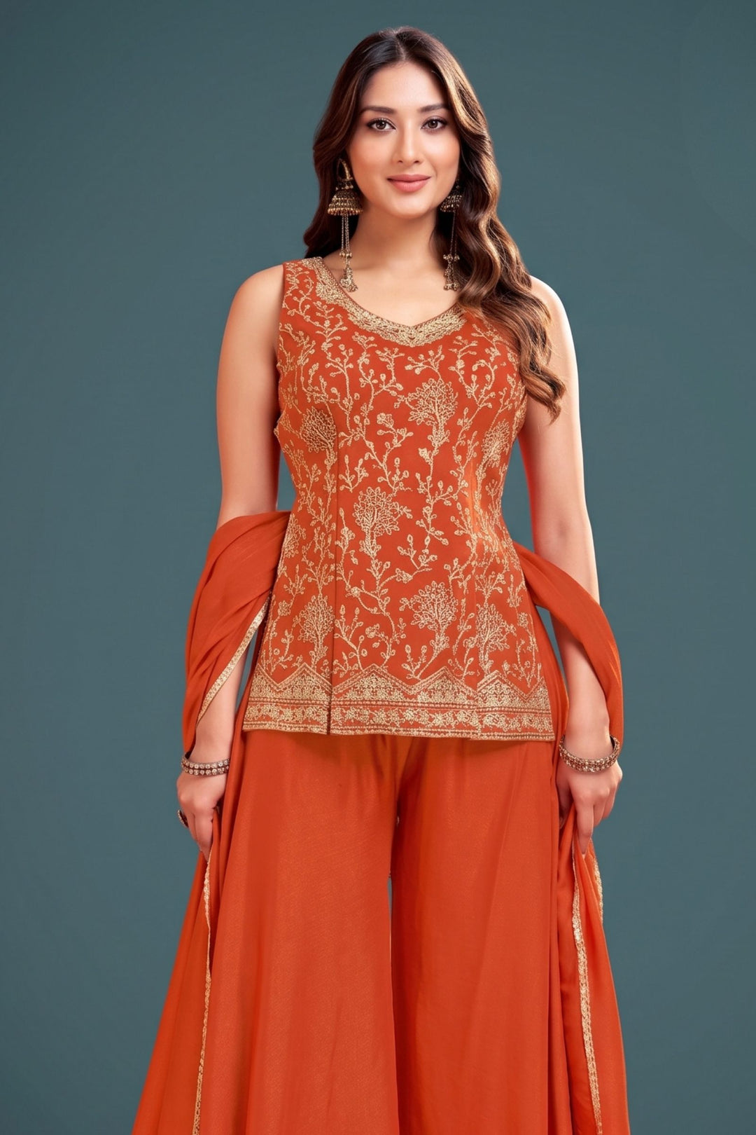 Orange Palazzo Salwar Suit with Beads, Sequins and Zari Detailing