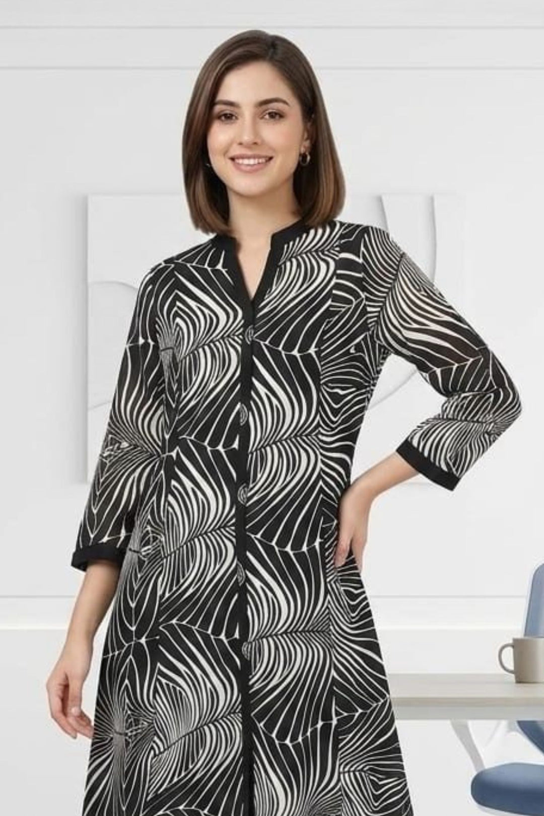 Black Beads work with Digital Print A-Line Cut Calf Length Kurti
