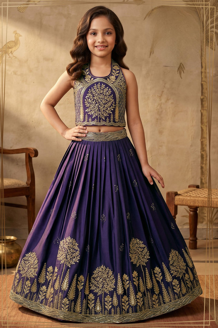Royal Purple Halter Neck Girls Lehenga Choli with Gold Zari Embroidery and Sequins work