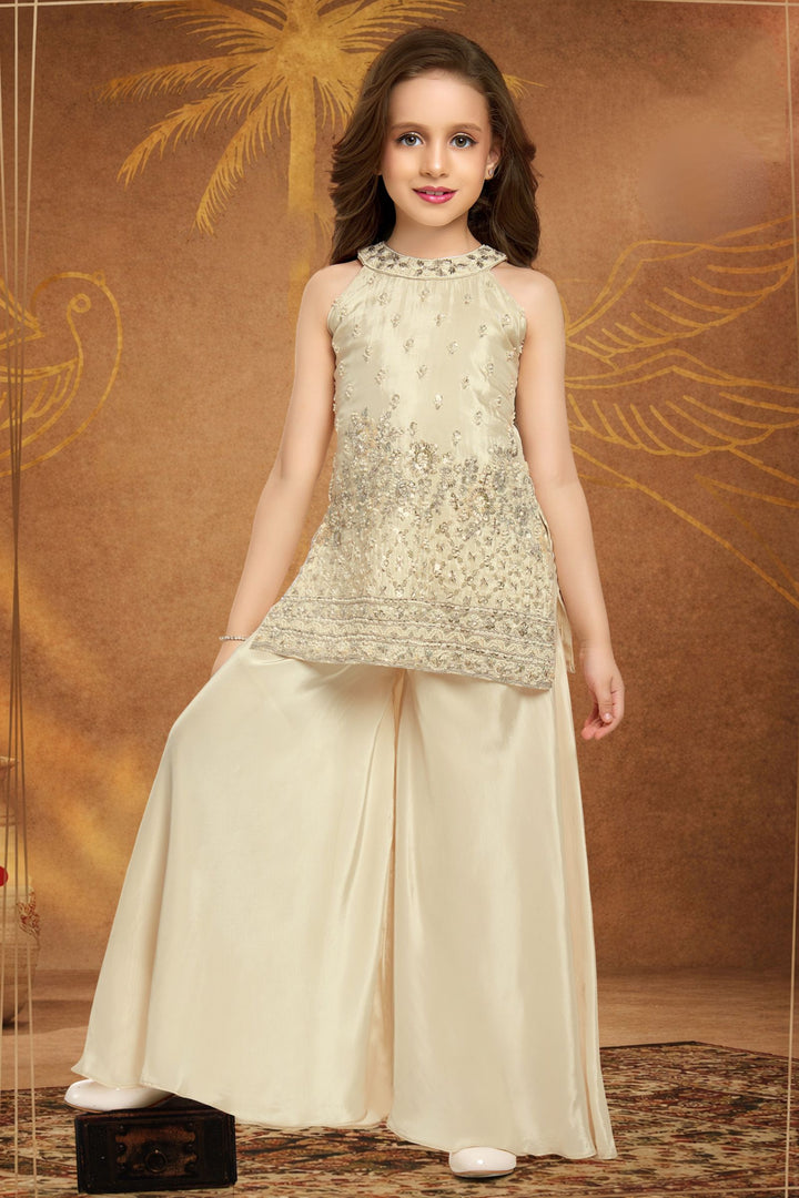 Cream Beads, Sequins and Zari work Palazzo Suit Set for Girls