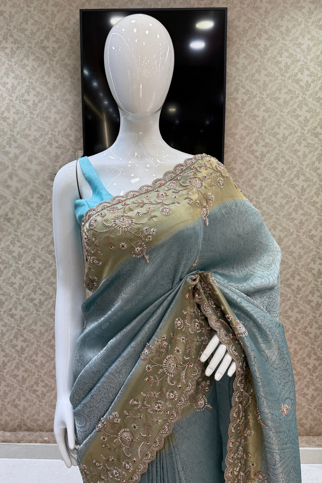 Firozi Blue Banaras, Beads, Sequins and Zari work Saree