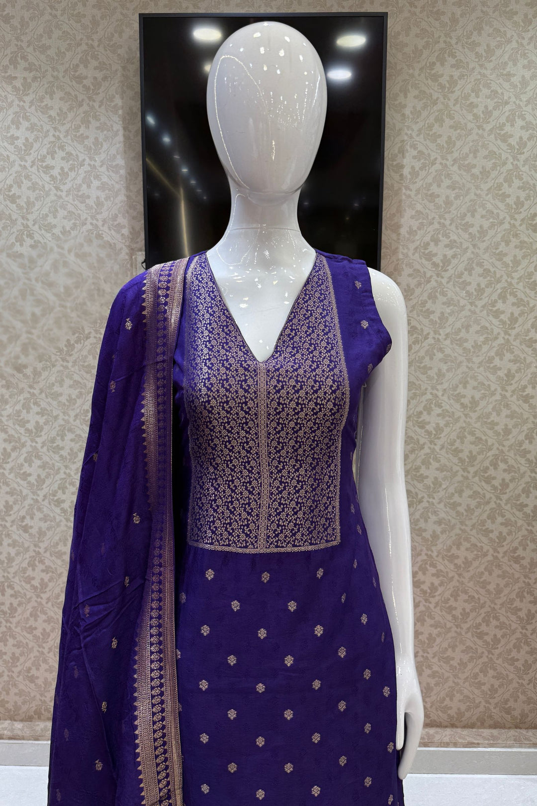 Purple Banaras work V-Neck Straight Cut Salwar Suit