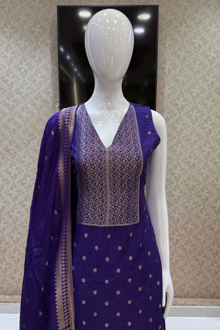 Purple Banaras work V-Neck Straight Cut Salwar Suit