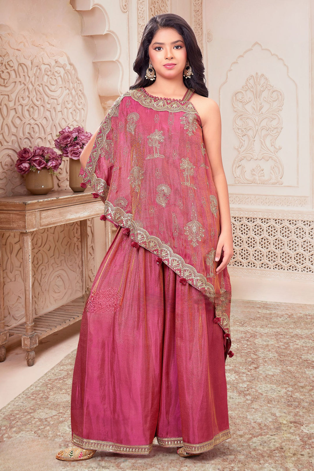 Rose Pink Sequins and Zari work Poncho Palazzo Set for Girls
