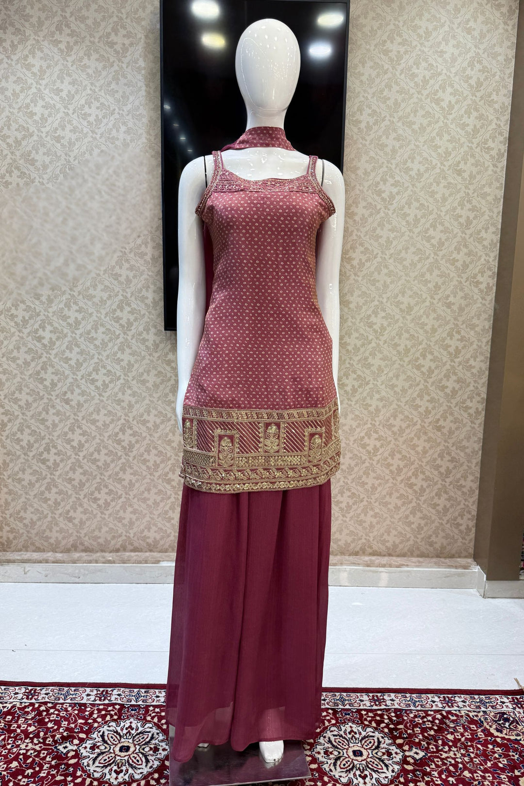 Onion Pink Sequins, Beads, Stone and Zari work with Bandini Print Palazzo Salwar Suit