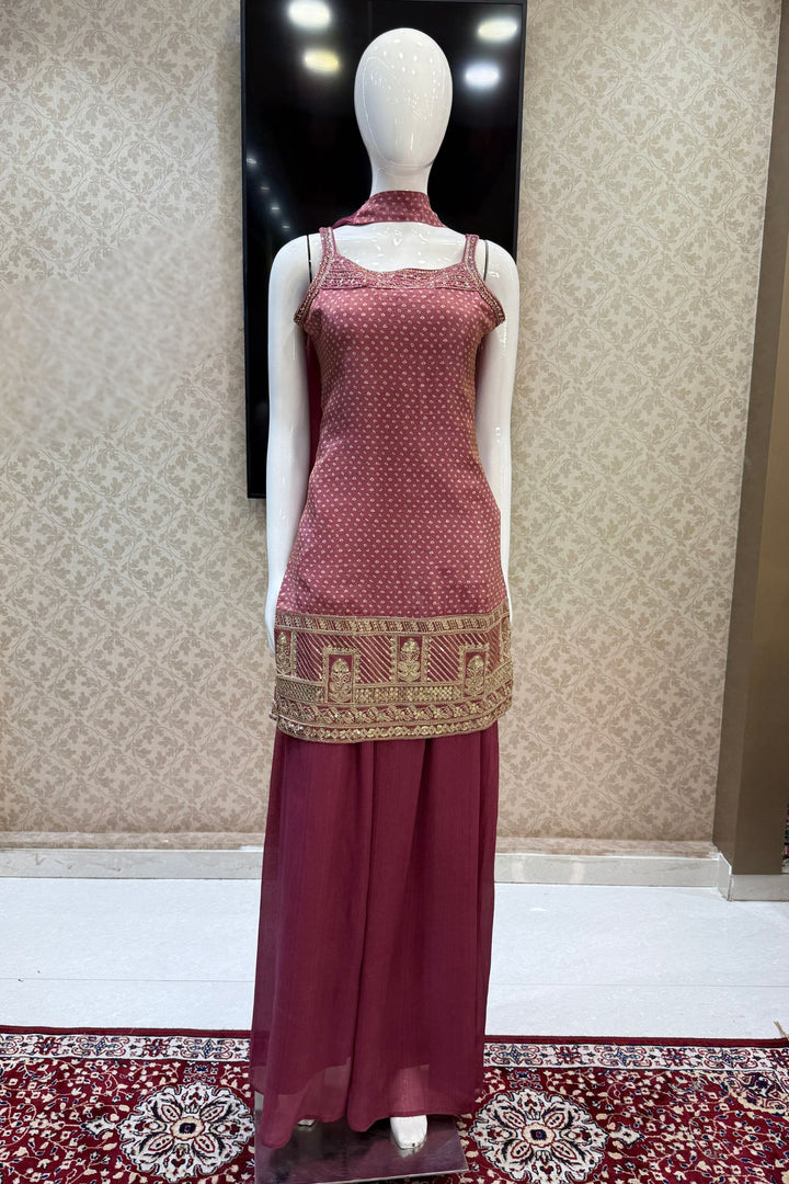 Onion Pink Sequins, Beads, Stone and Zari work with Bandini Print Palazzo Salwar Suit