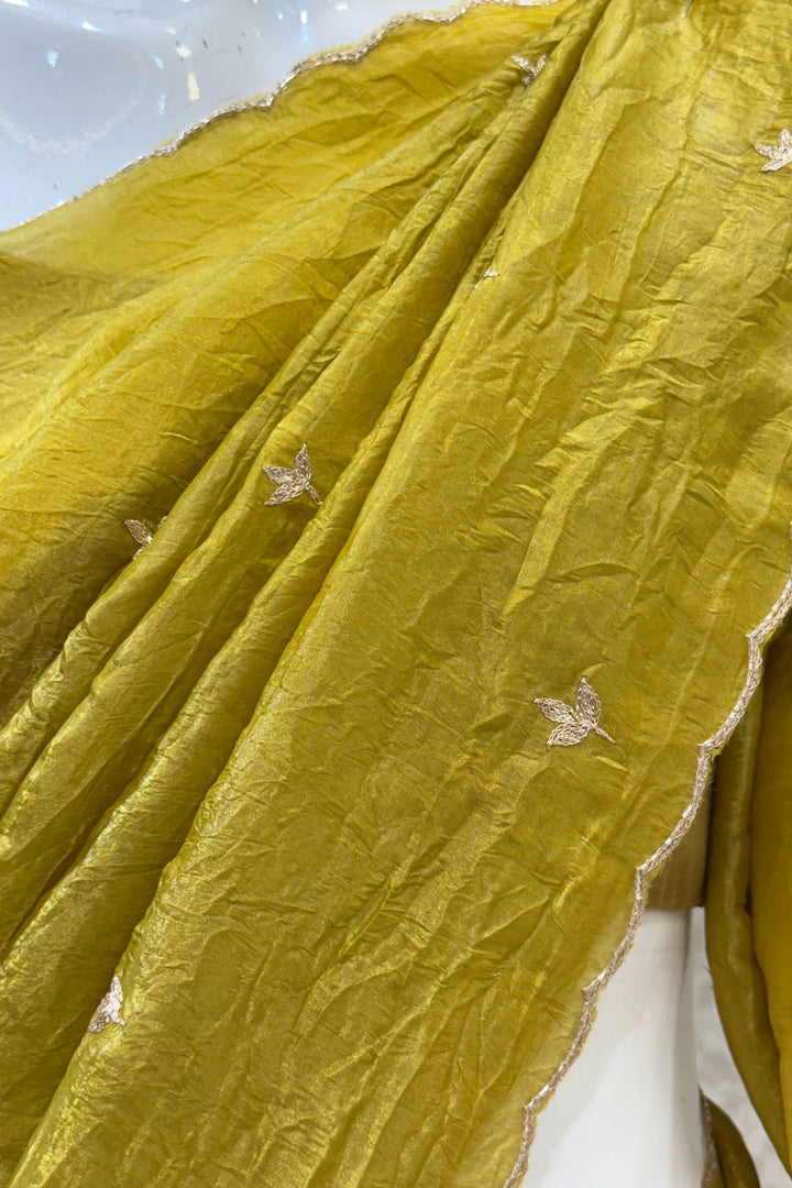 Liril Green Shimmer Tissue Saree with Scalloped Zari Border