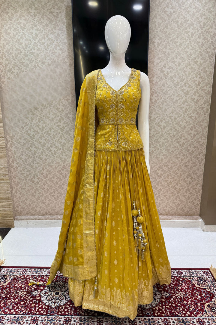 Yellow Jacquard, Mirror, Stone, Sequins, Beads and Banaras work Peplum Style Lehenga