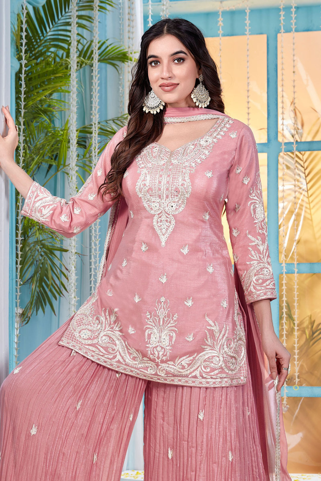 Onion Pink Zari, Thread, Sequins, Stone and Mirror work Palazzo Salwar Suit