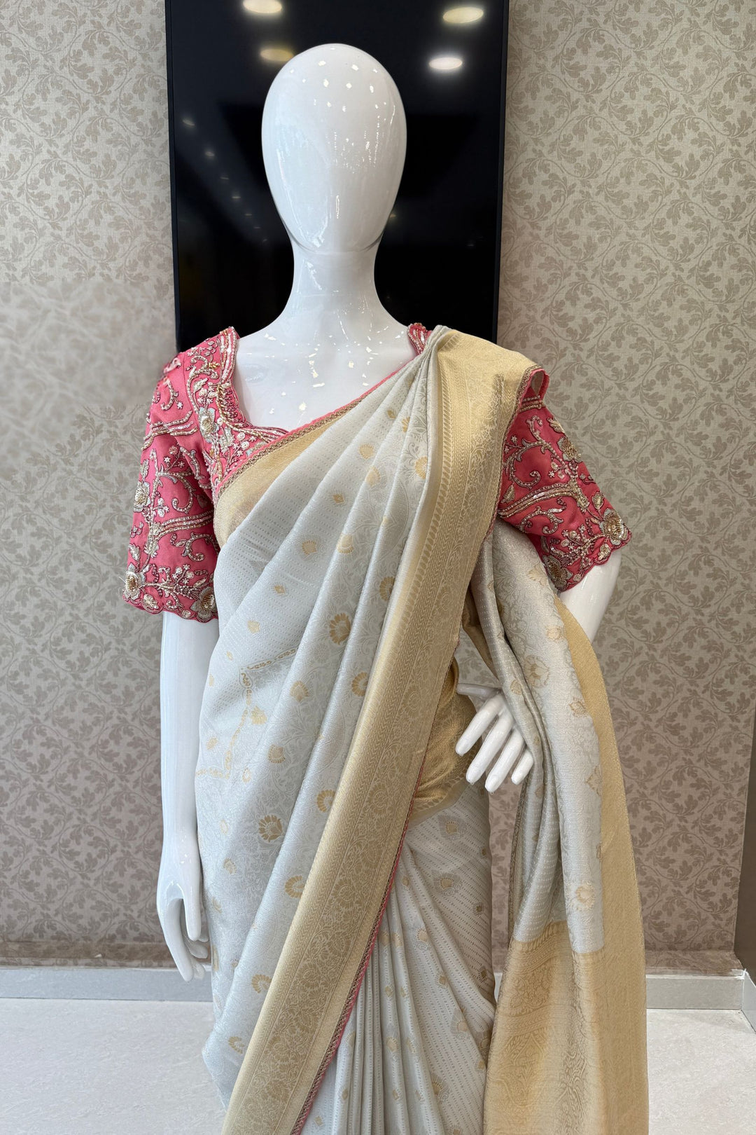 Silver Zari work Saree with Pearl, Zardozi, Beads and Sequins work Readymade Blouse