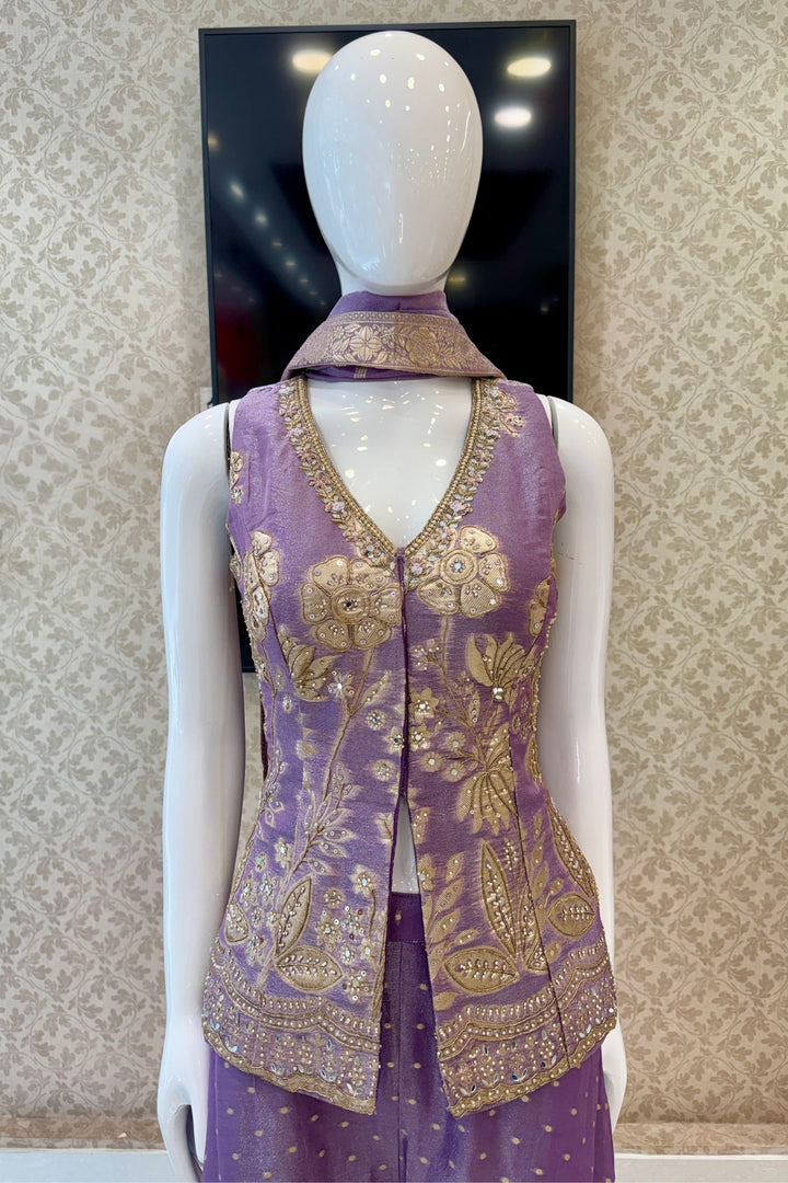 Lavender Palazzo Salwar Suit with Banaras, Mirror, Zari, Sequins and Stone Detailing