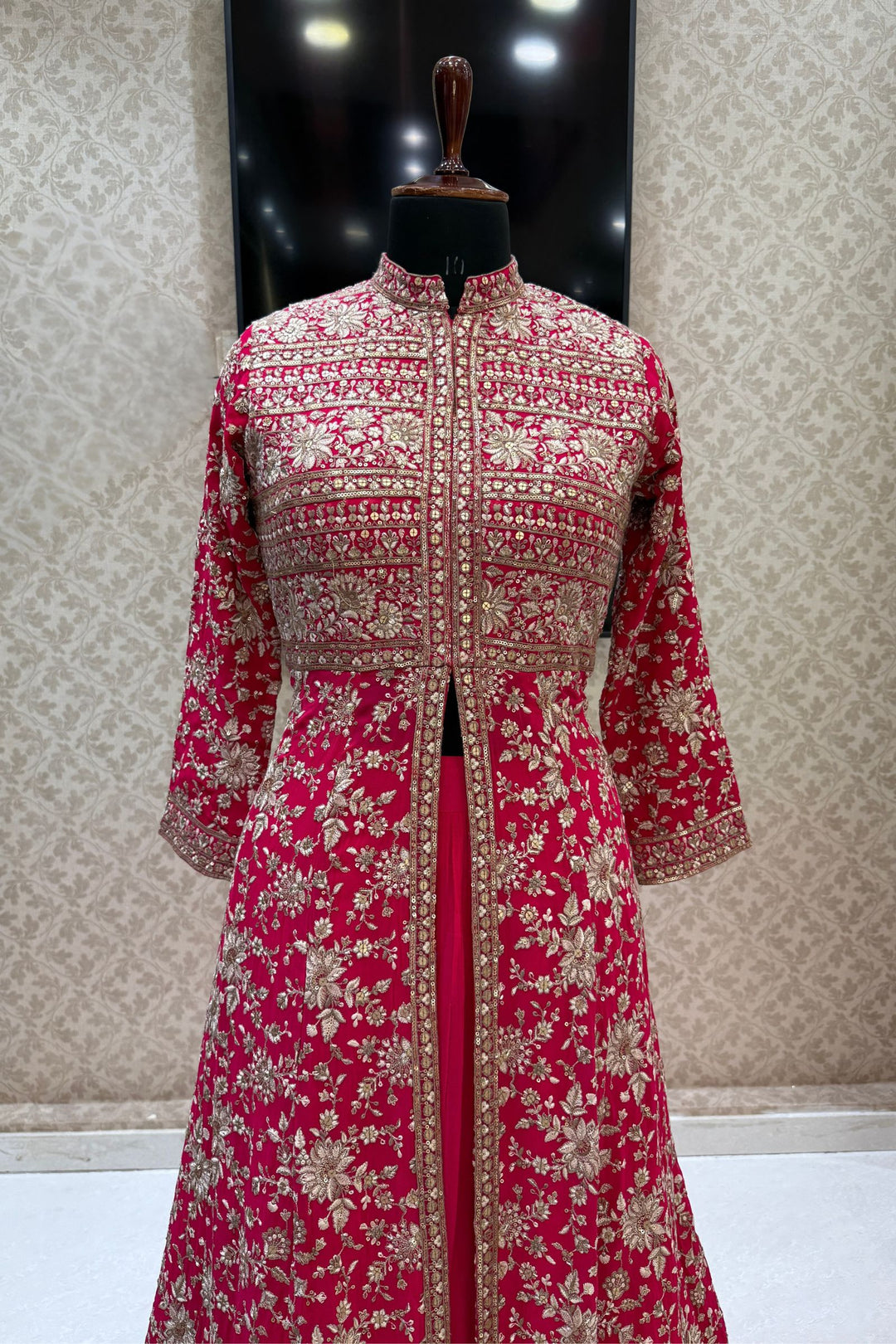 Rani Pink Embroidery and Sequins work Mastani Styled Long Top Lehenga