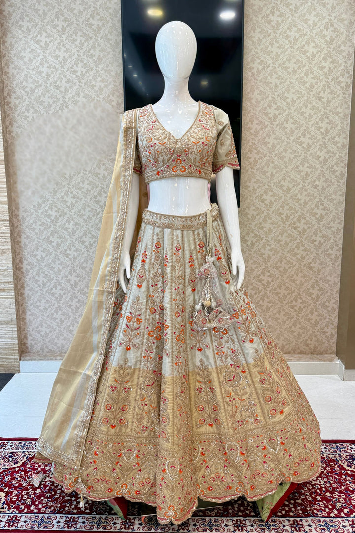Light Grey Zari, Beads, Sequins and Multicolor Embroidery work Crop Top Designer Bridal Lehenga