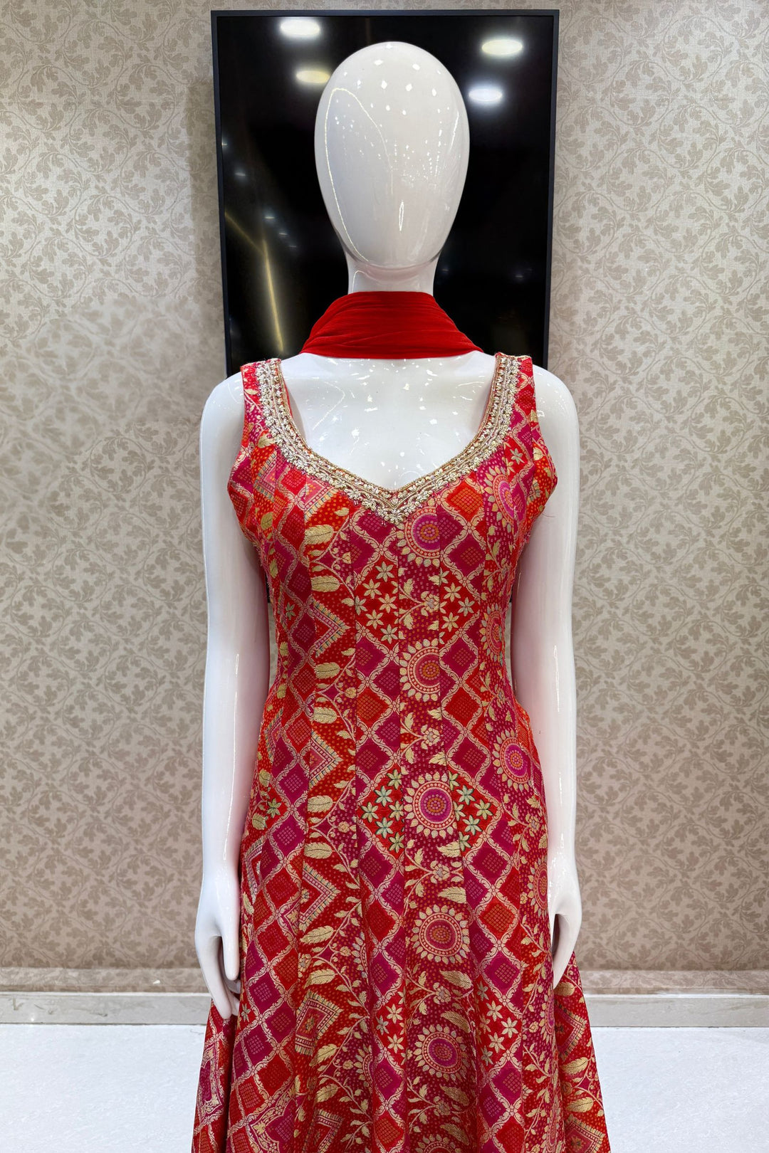 Orange with Rani Pink Banaras work with Bandini Print Anarkali Style Salwar Suit with Palazzo Pant