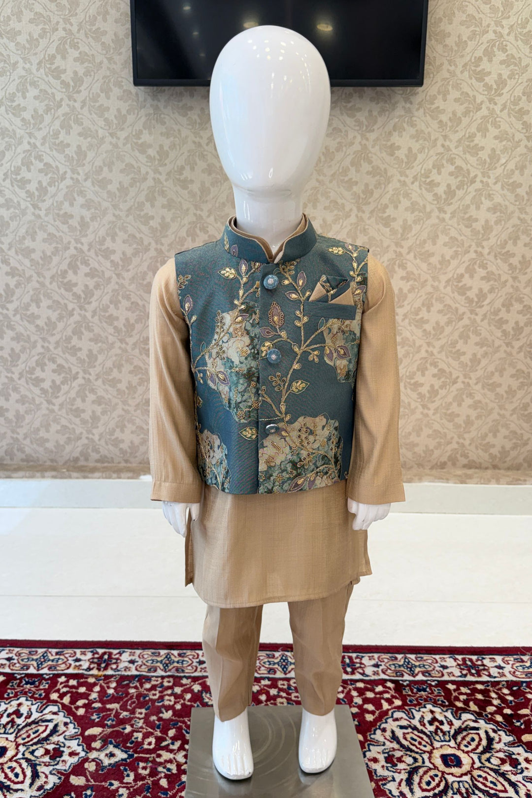 Blue with Gold Zari and Sequins work Waist Coat Kurta Set for Boys