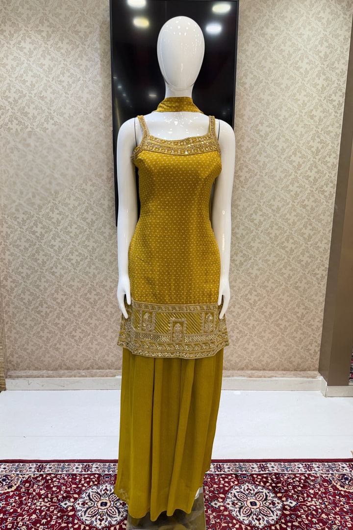 Mustard Sequins, Beads, Stone and Zari work with Bandini Print Palazzo Salwar Suit