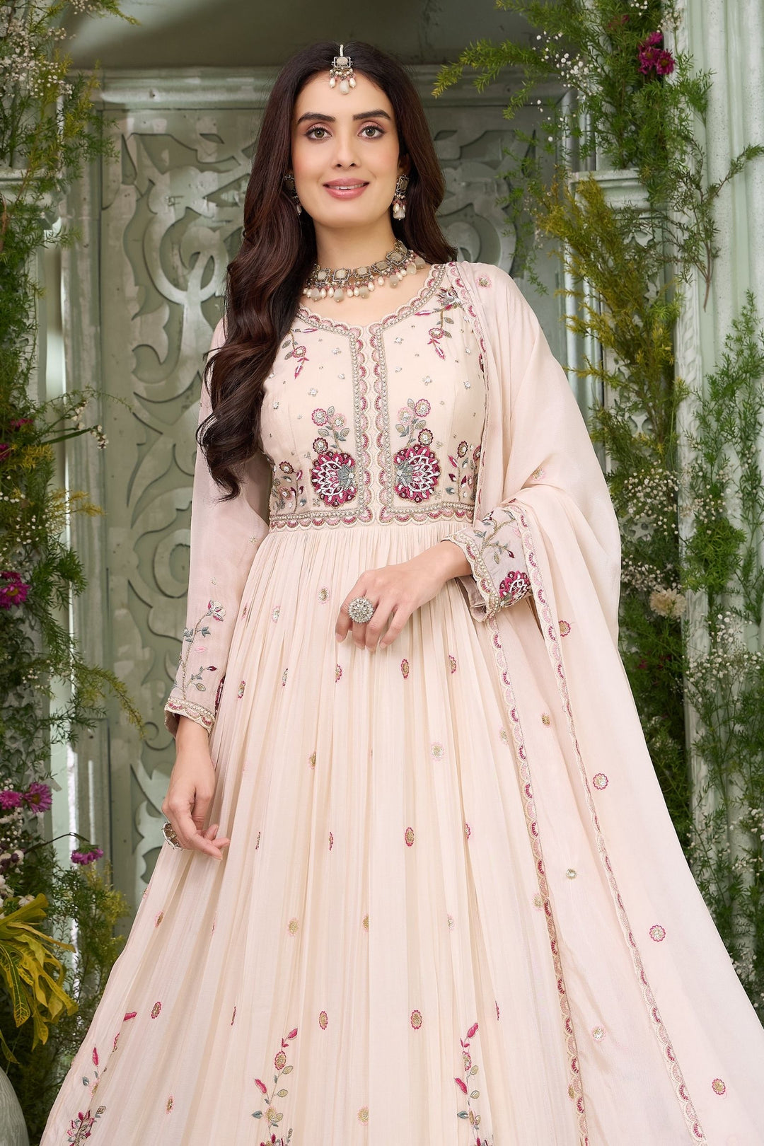 Cream Multicolor Thread, Beads, Sequins and Zari work Floor Length Anarkali Suit