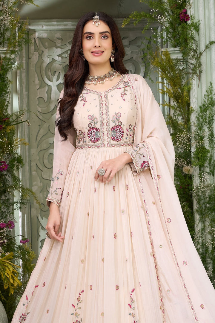 Cream Multicolor Thread, Beads, Sequins and Zari work Floor Length Anarkali Suit