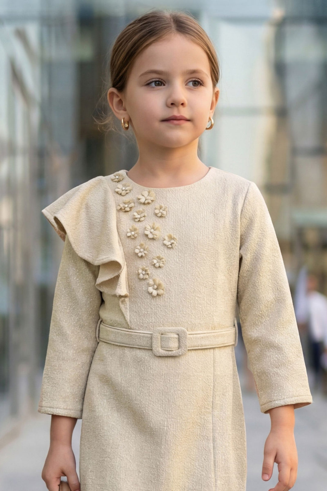 Beige Zari Weaving work Short Frock For Girls with Belt