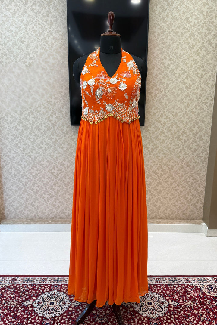 Orange Beads and Zari work Halter Neck Floor Length Anarkali Suit