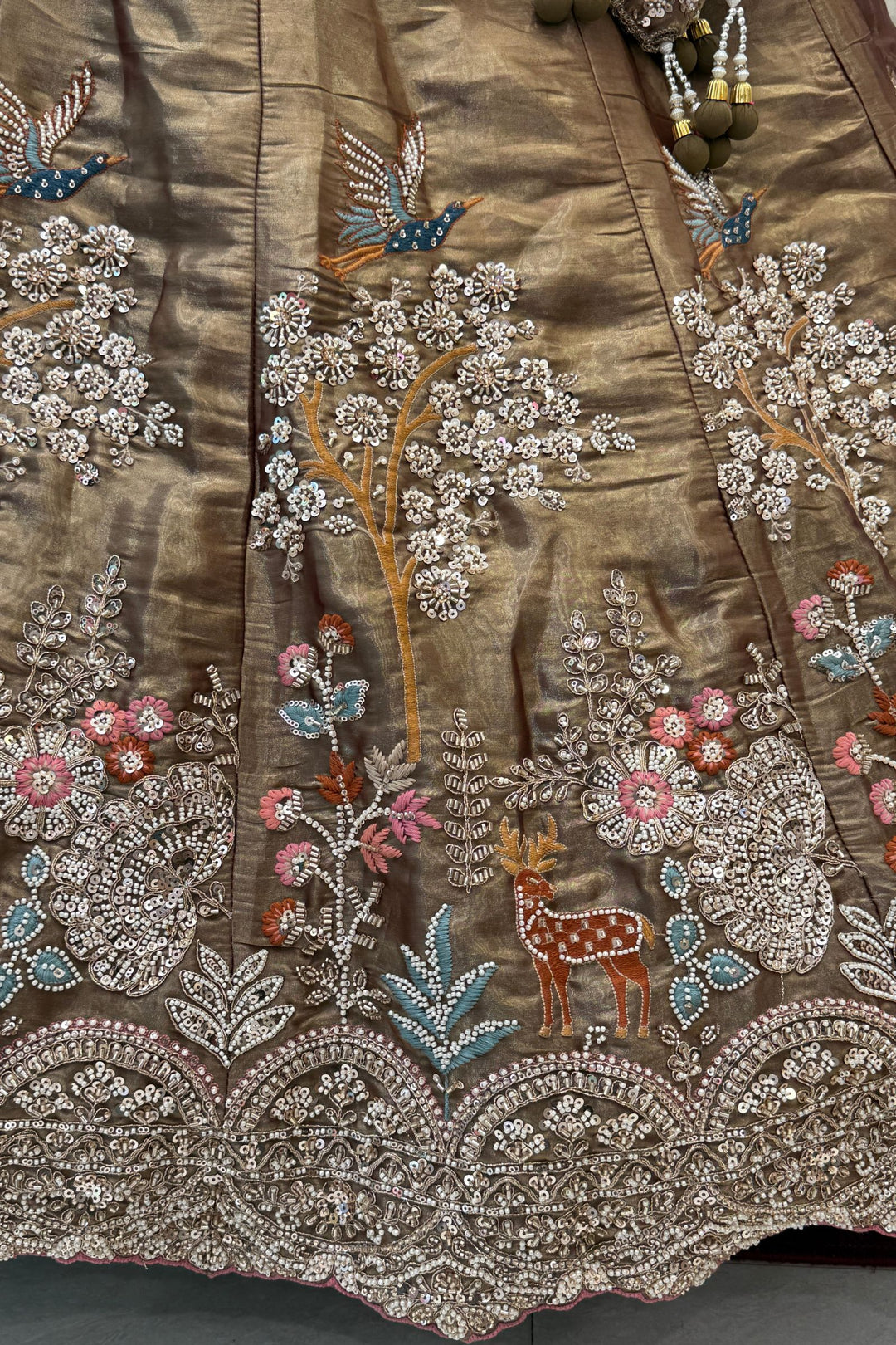 Bridal Organza Lehenga with Hand-Embroidered Birds and Floral Forest Motifs