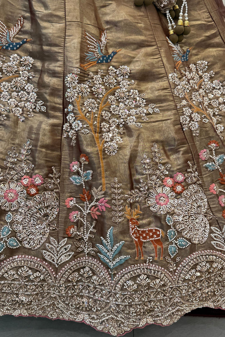 Bridal Organza Lehenga with Hand-Embroidered Birds and Floral Forest Motifs
