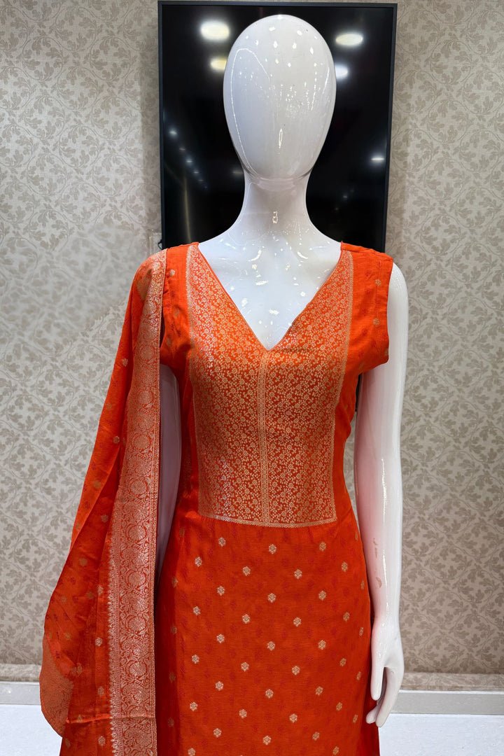 Orange Banaras work V-Neck Straight Cut Salwar Suit