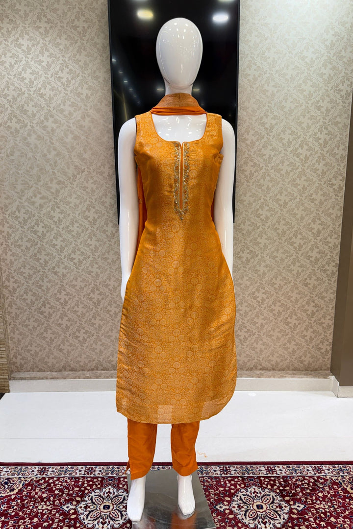 Orange Brocade, Zardozi, Sequins, Stone and Thread work Straight Cut Salwar Suit
