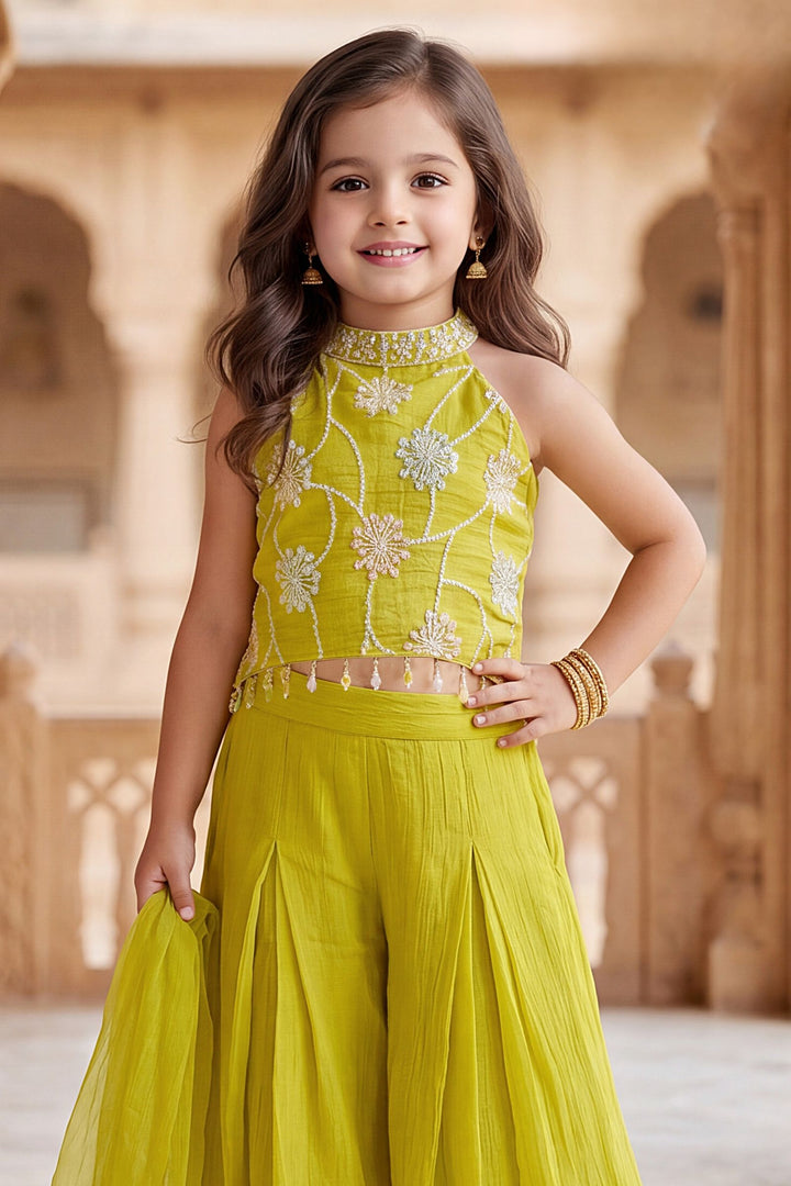 Lemon Green Thread and Sequins work Palazzo Set for Girls