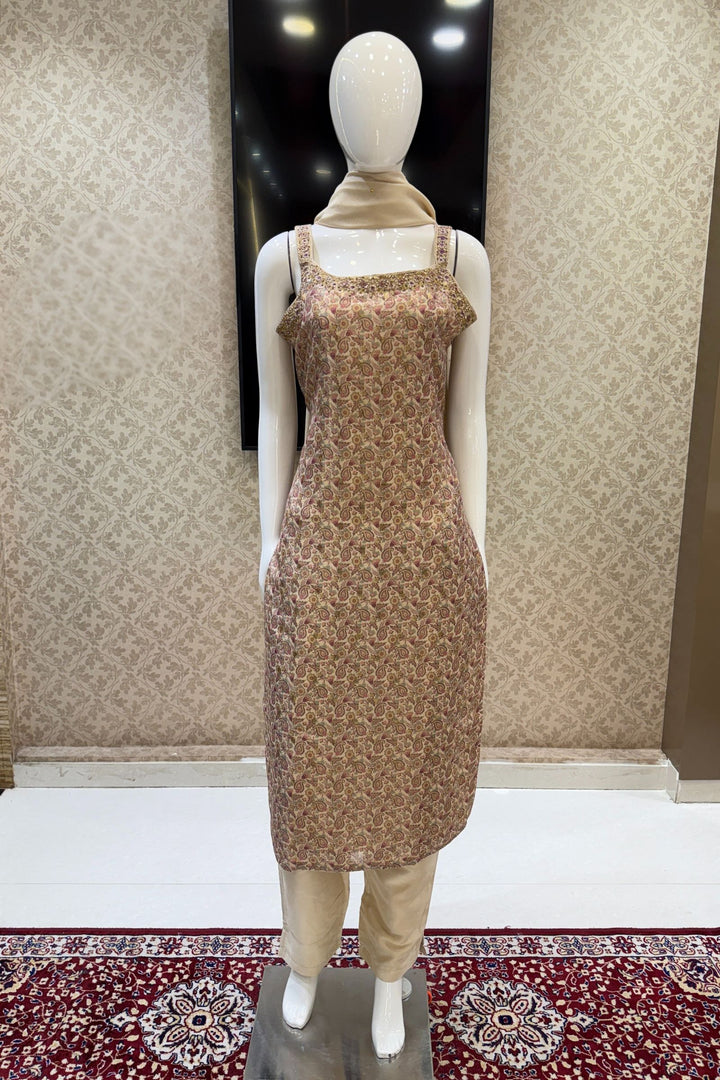 Beige Banaras, Stone and Zari Weaving work with Digital Print Straight Cut Salwar Suit