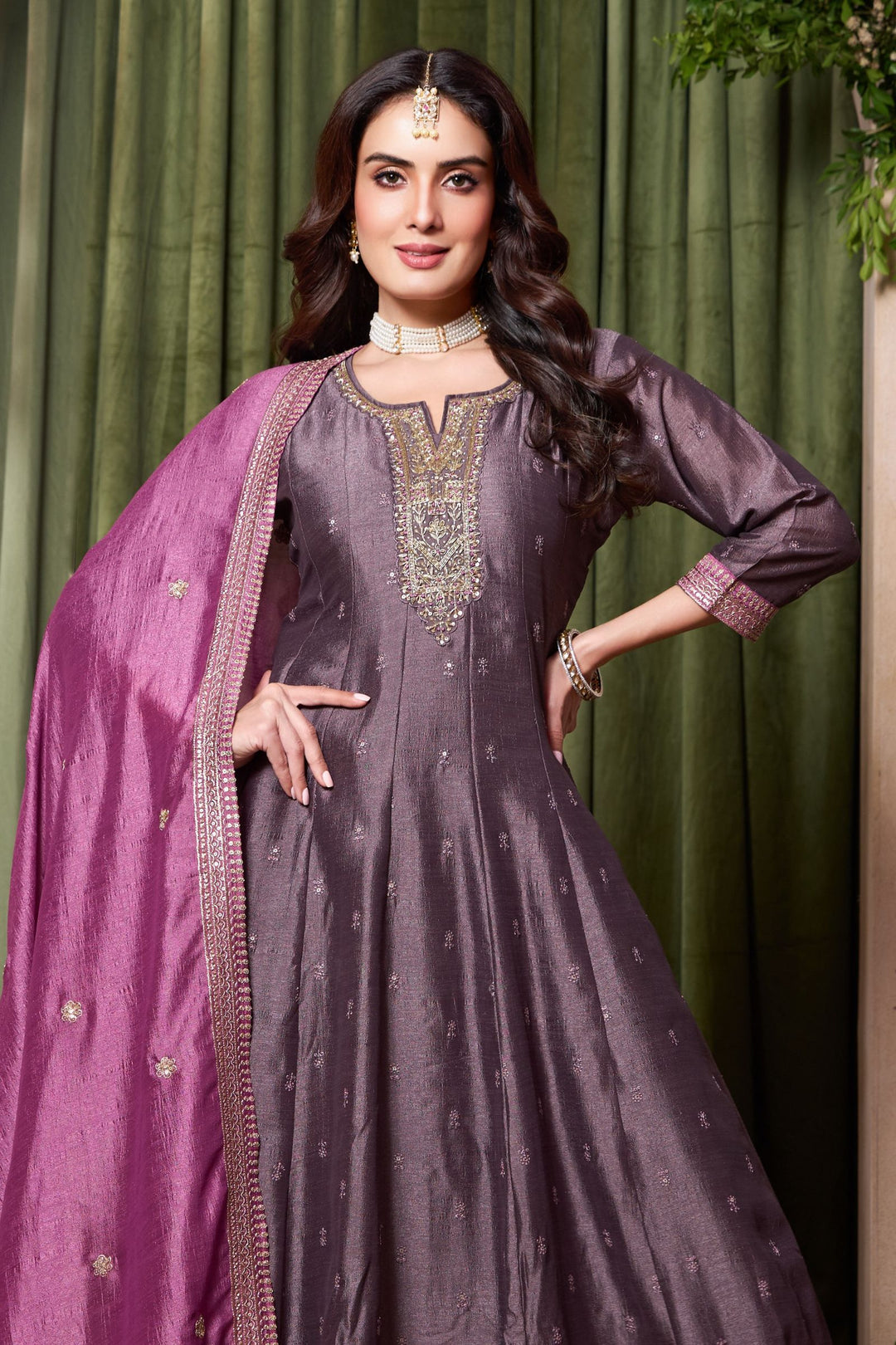 Grey Beads, Zardozi, Thread, Sequins, Stone and Zari work A-line Cut Salwar Suit