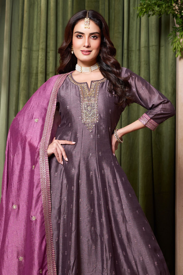 Grey Beads, Zardozi, Thread, Sequins, Stone and Zari work A-line Cut Salwar Suit