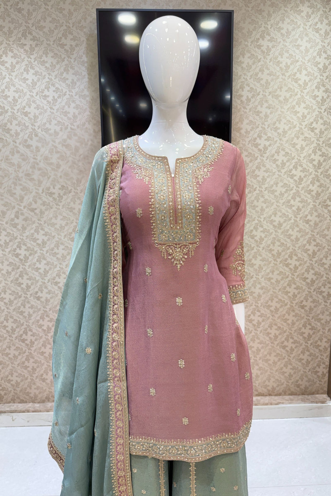 Onion Pink with Sea Green Sequins, Pearls, Stone and Zari work Palazzo Salwar Suit