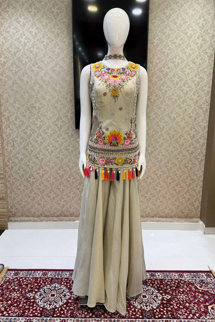 Designer Palazzo Set with Multicolor Embroidery, Beads, Zari, Sequins and Pearl Work