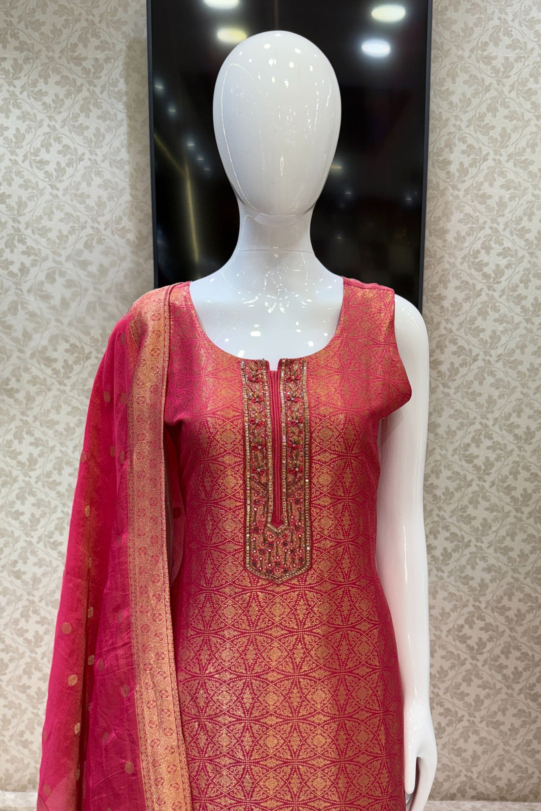 Pink Zardozi, Stone, Beads, Sequins and Brocade work Straight Cut Salwar Suit