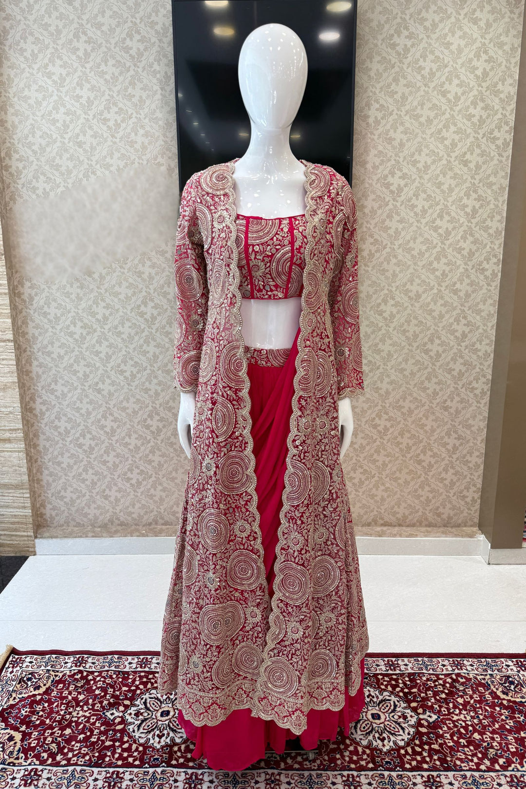 Rani Pink Drape Style Lehenga with Sequins, Stone and Zari work Long Overcoat