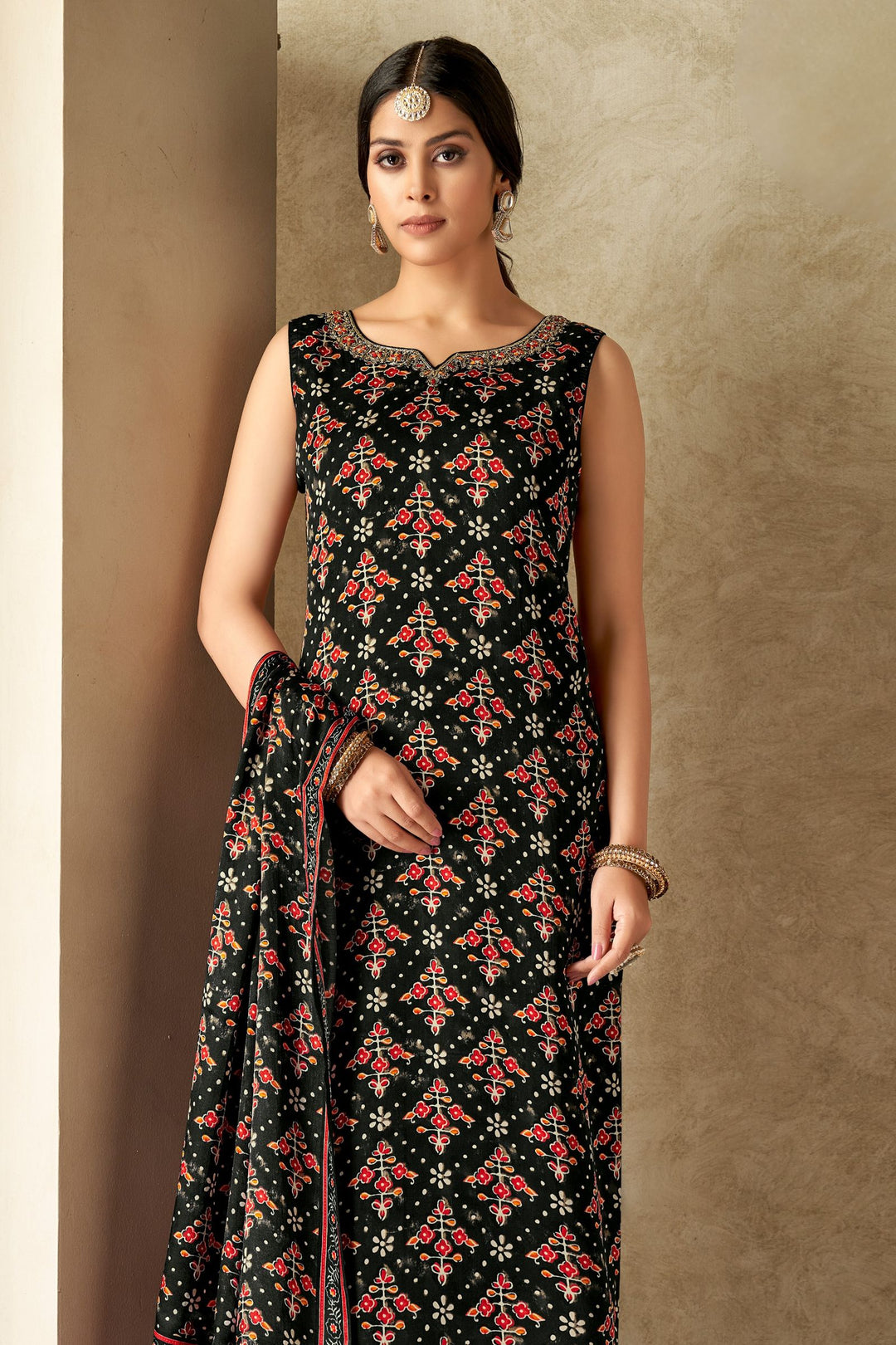 Black Beads, Mirror, Zardozi and Stone work with Multicolor Digital Print Straight Cut Salwar Suit