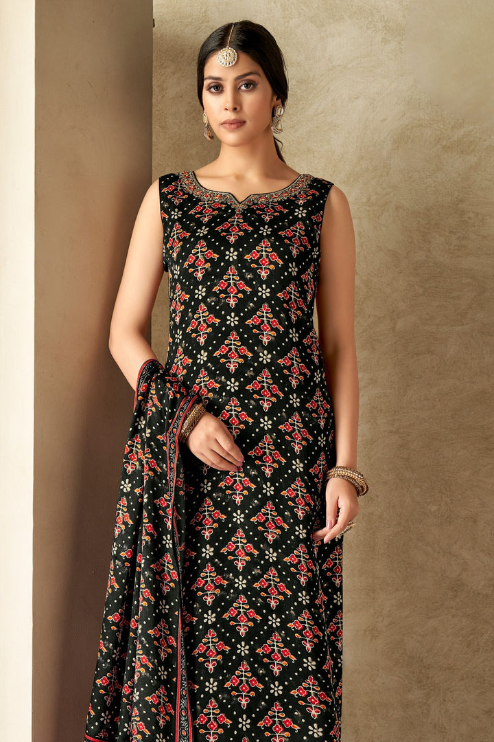 Black Beads, Mirror, Zardozi and Stone work with Multicolor Digital Print Straight Cut Salwar Suit