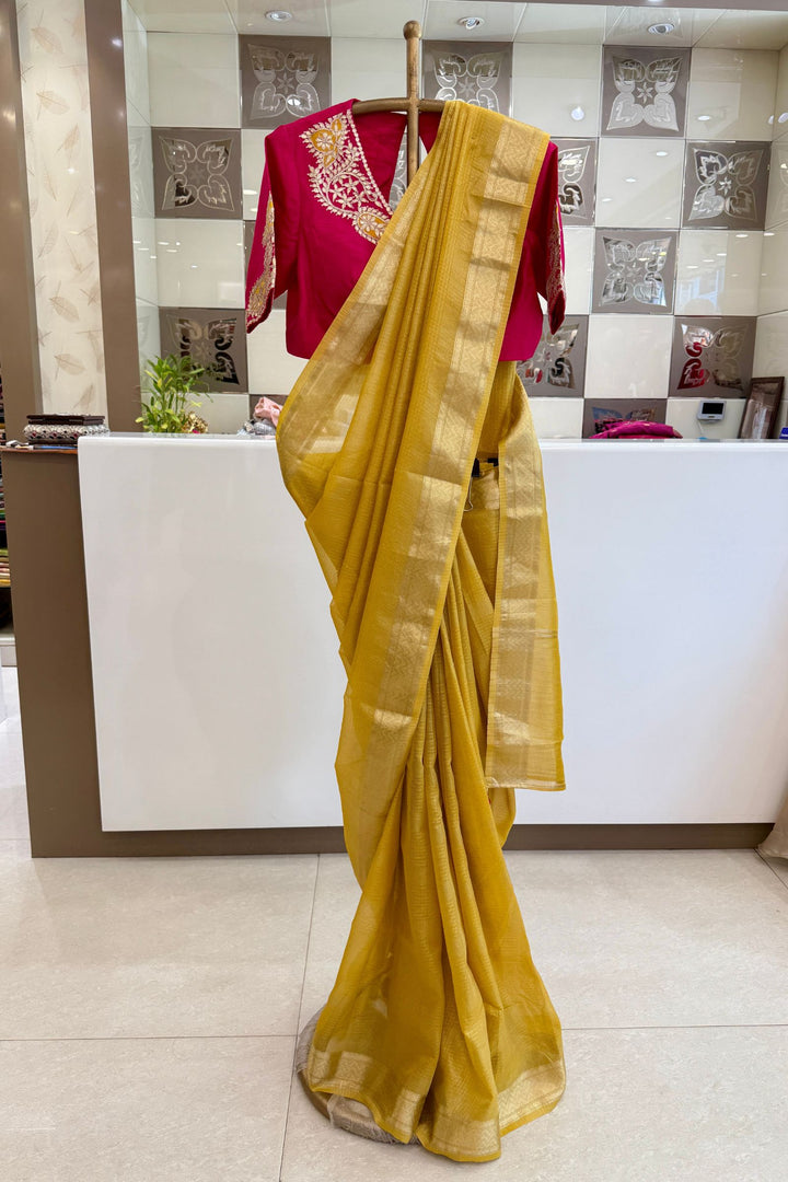 Yellow Zari work Saree with Gotapatti work Readymade Blouse