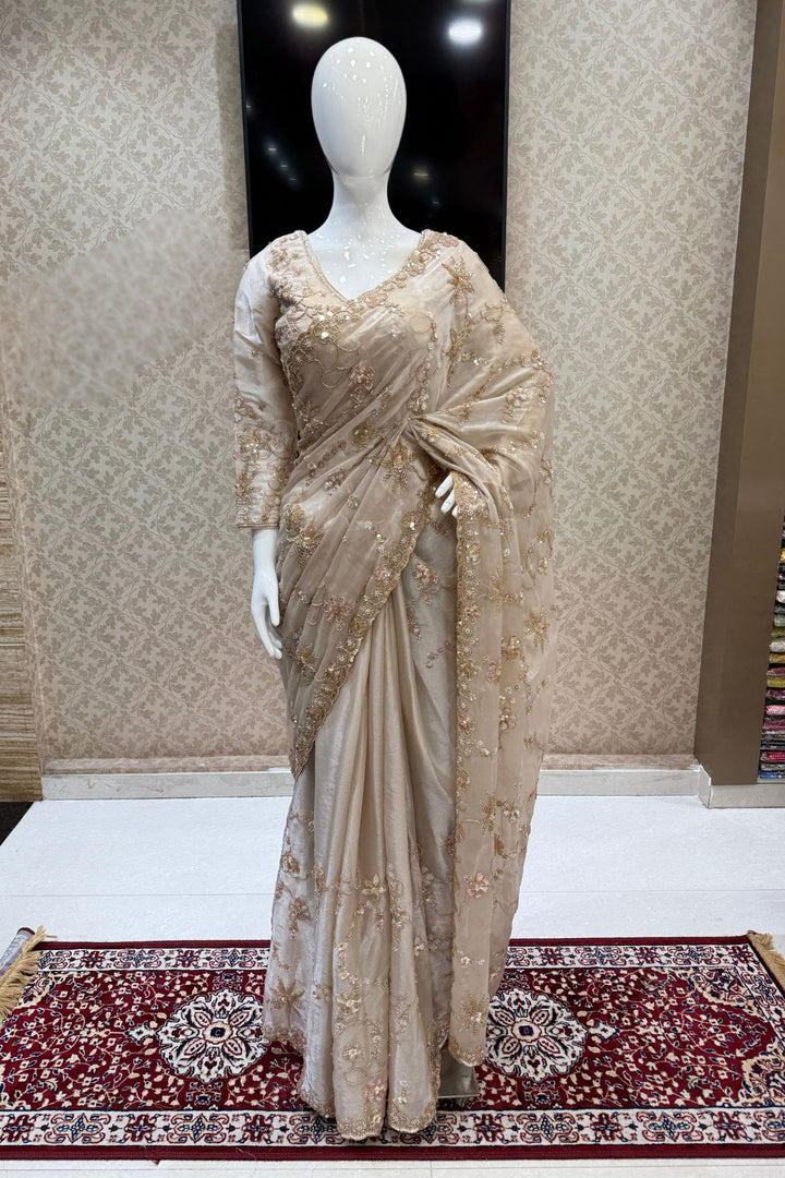 Light Beige Sequins, Beads, Zari and Pearls work Saree
