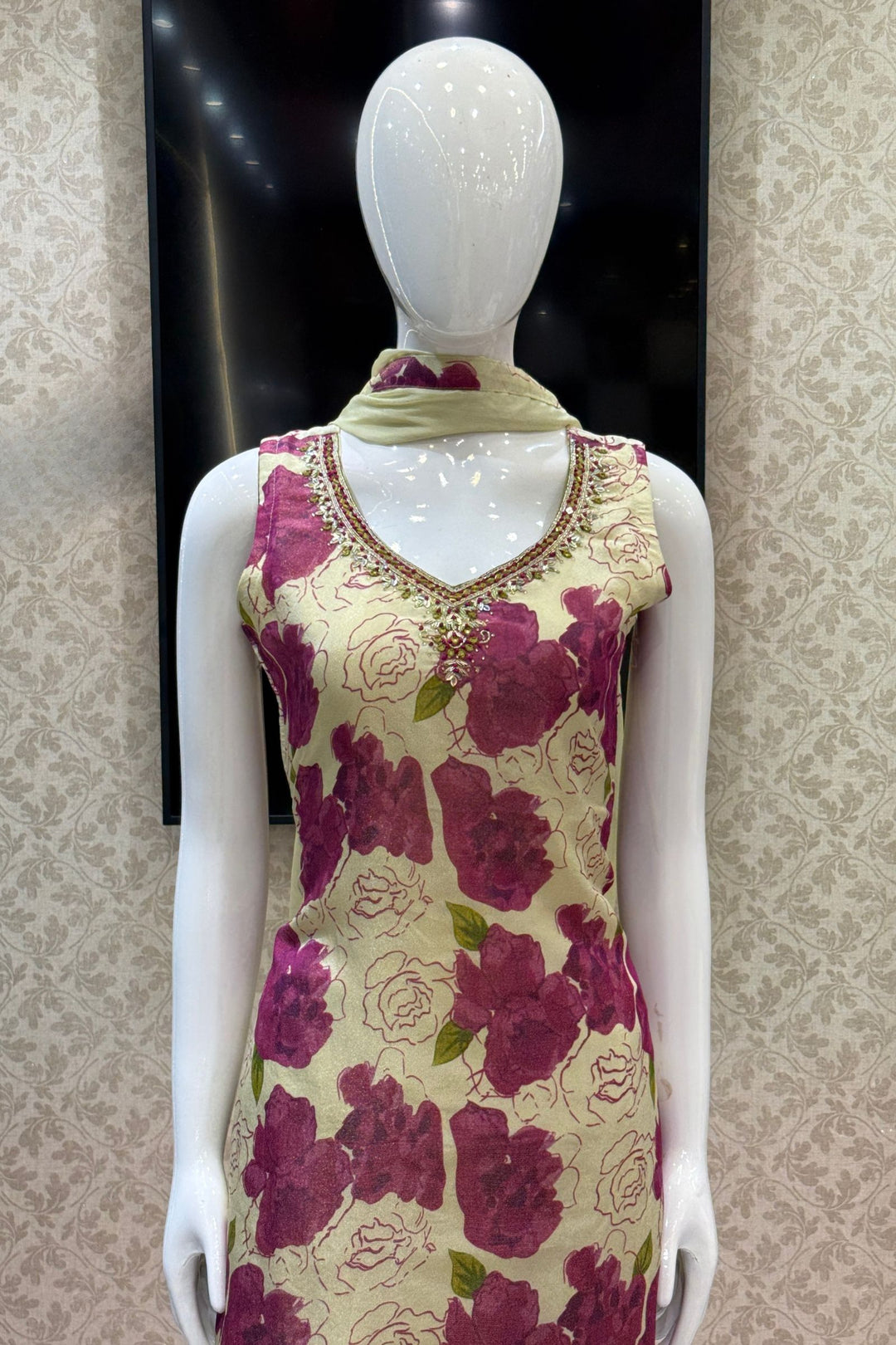 Beige with Purple Floral Print with Zardozi and Mirror work Straight Cut Salwar Suit
