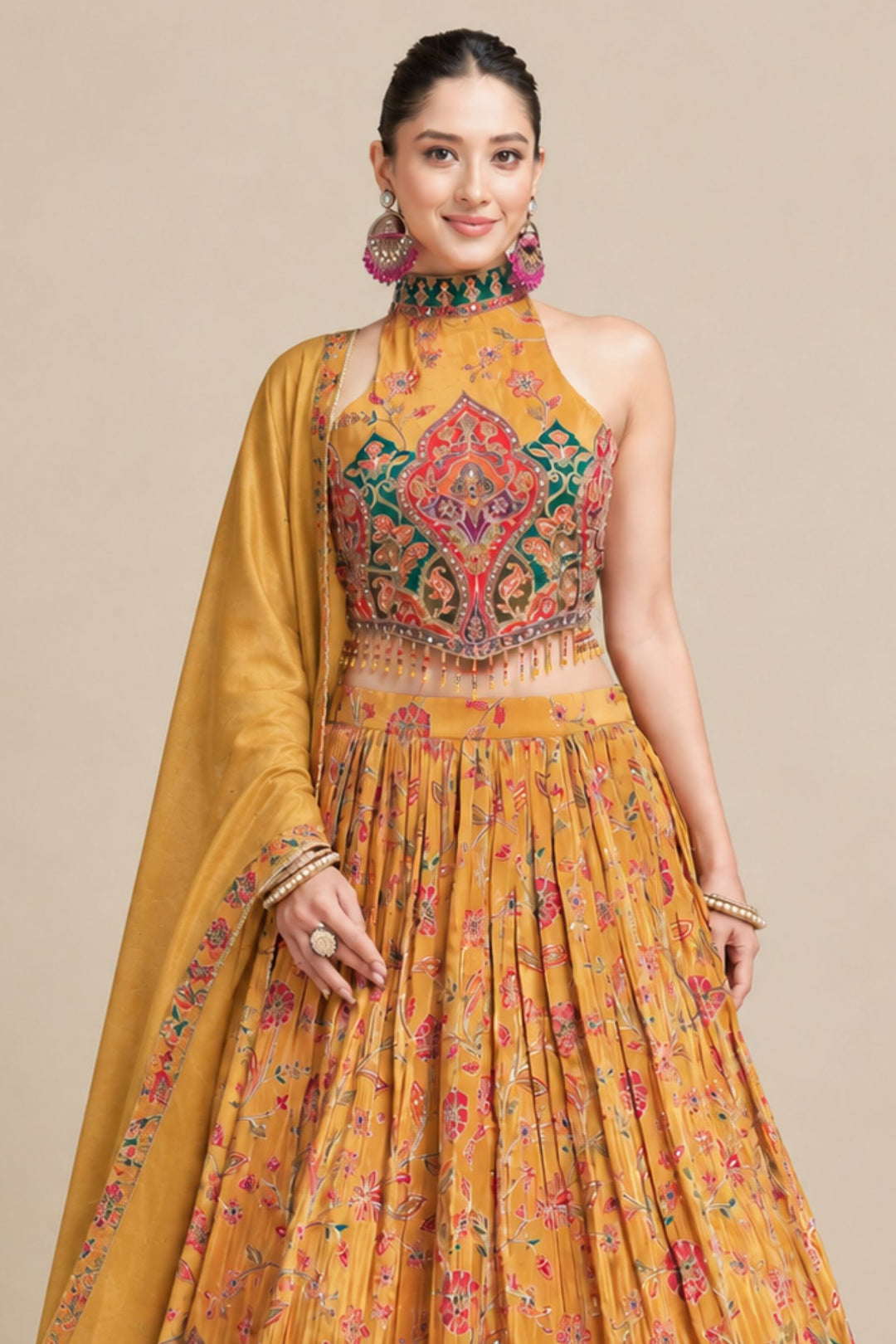 Mustard Stone, Mirror and Zari work with Floral Print Halter Neck Lehenga Set