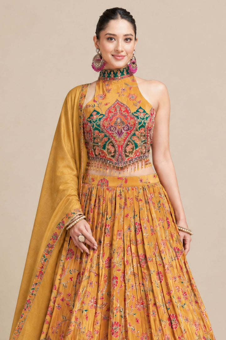 Mustard Stone, Mirror and Zari work with Floral Print Halter Neck Lehenga Set