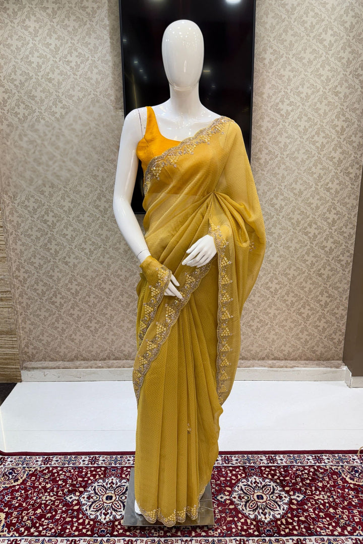 Yellow Beads, Stone, Zardozi, Sequins and Pearl work Saree