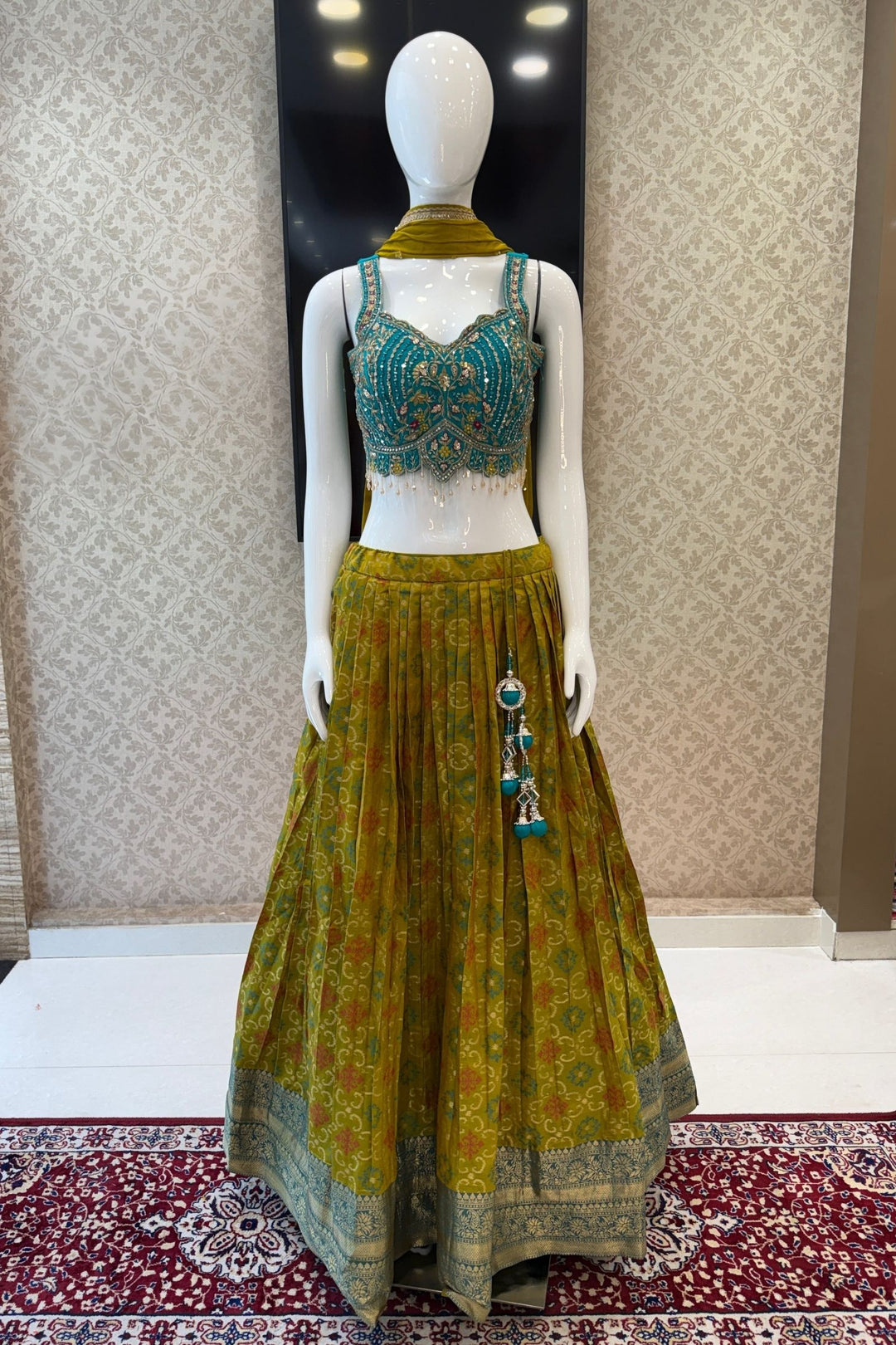 Rama Blue with Olive Green Mirror, Stone, Beads and Banaras work Lehenga