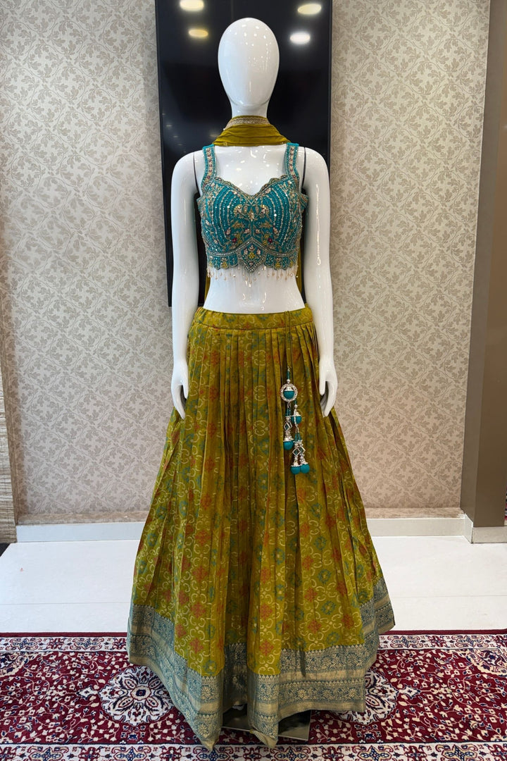 Rama Blue with Olive Green Mirror, Stone, Beads and Banaras work Lehenga