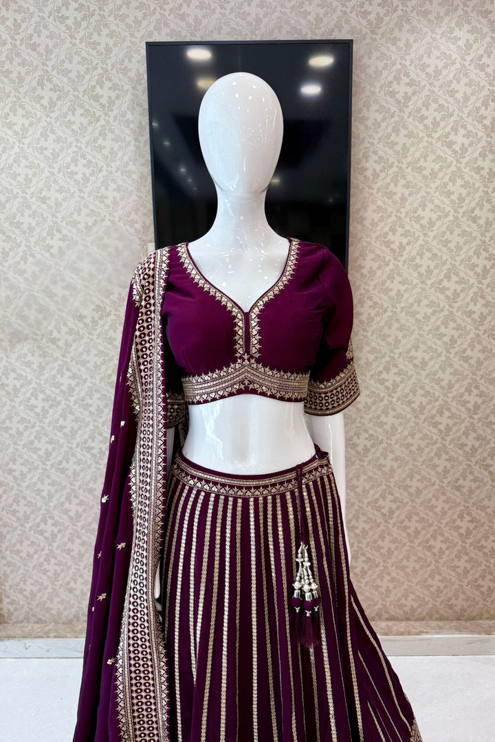 Wine Sequins and Zari work Crop Top Lehenga