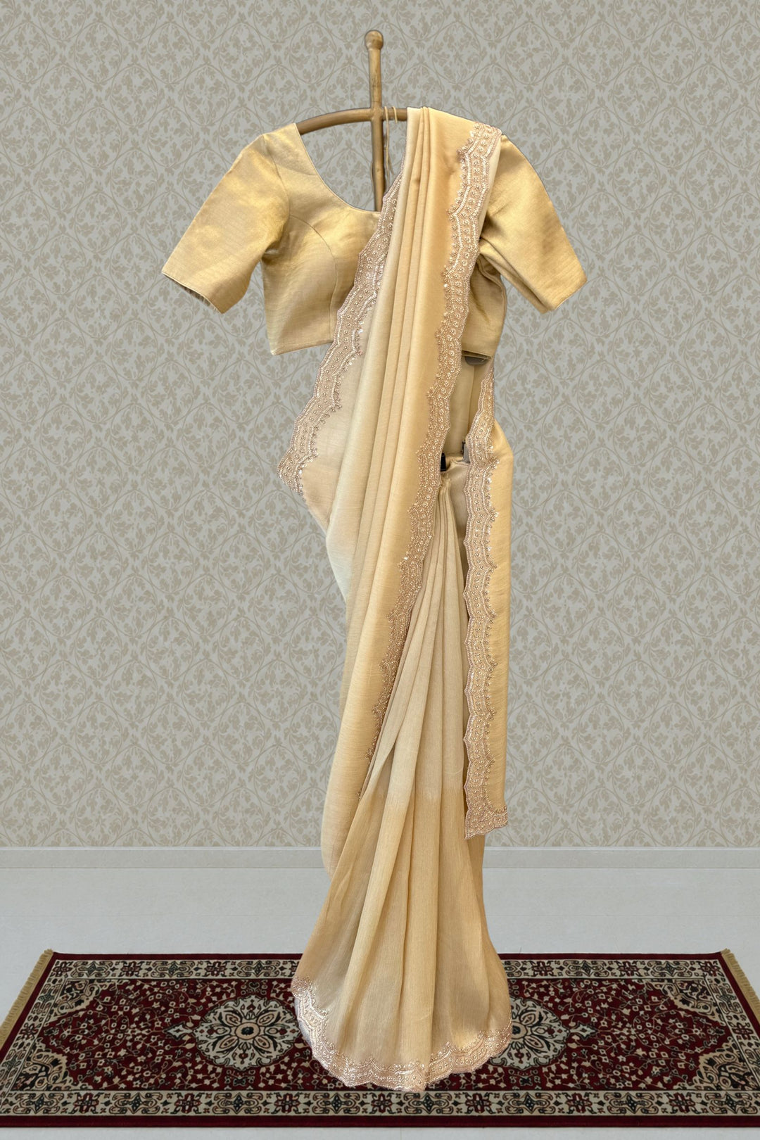 Chiku Saree with Pearl, Zari and Sequins work