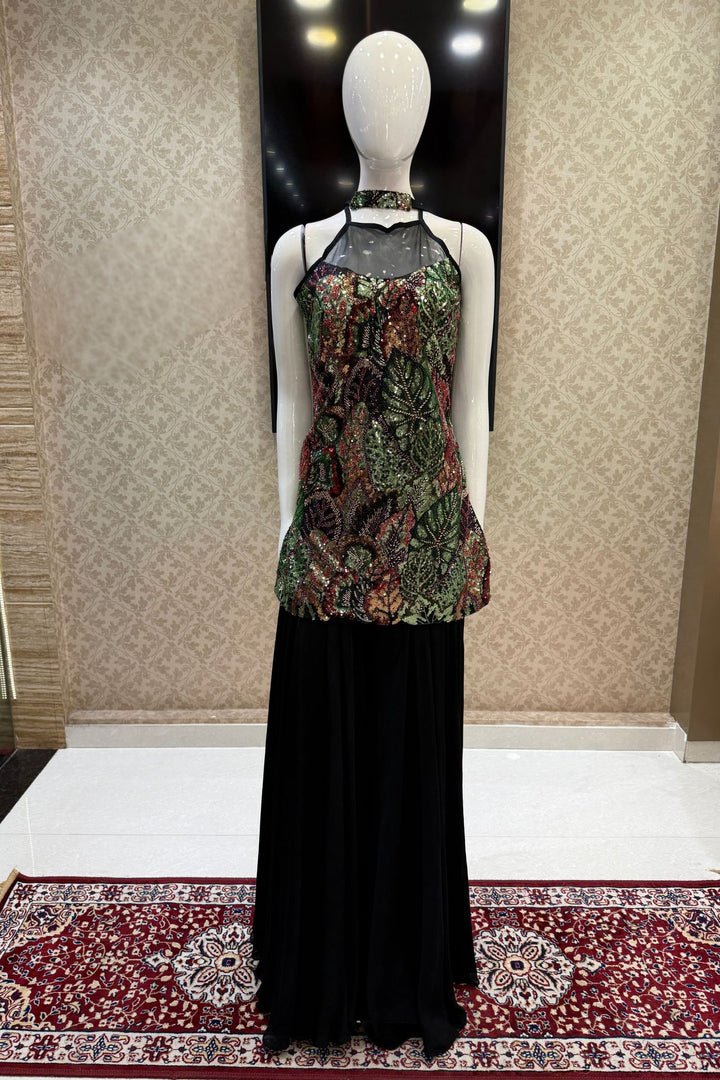 Black Halter Neck Palazzo Salwar Suit with Beads and Sequins Detailing